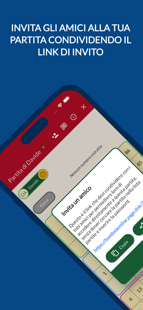 Una pantalla móvil mostrando cómo invitar amigos a una partida de Tombola Online con un enlace compartido.