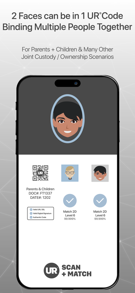 Scan + Match - Pantalla del iPhone que muestra la aplicación Scan and Match verificando dos rostros en un solo código UR para la validación conjunta de identidad.