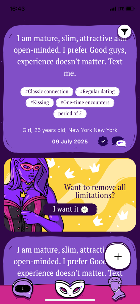 User personal ad profile screen in the Masked Love dating app