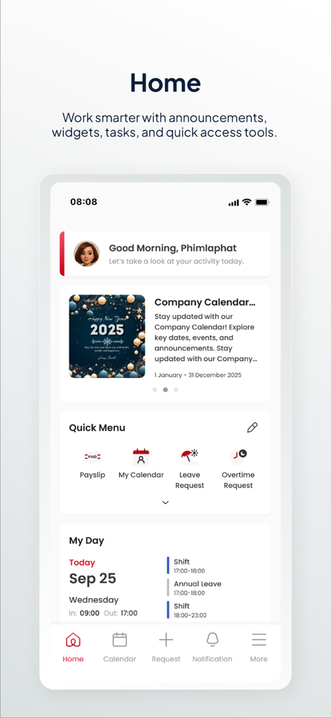 Tiger OpenSpace - Tiger OpenSpace home screen showing the mobile dashboard with quick access to payslips and leave requests.