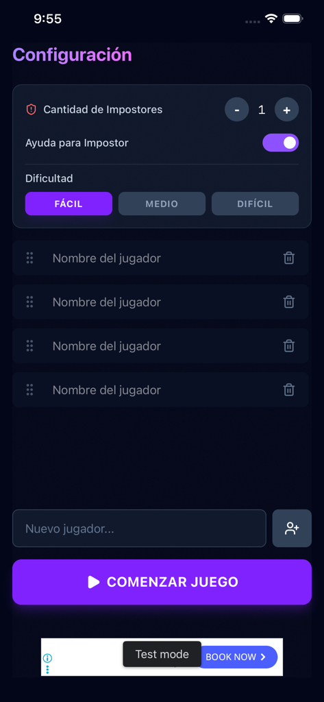 Schermata di configurazione per il gioco Impostor con elenco giocatori e impostazioni di difficoltà