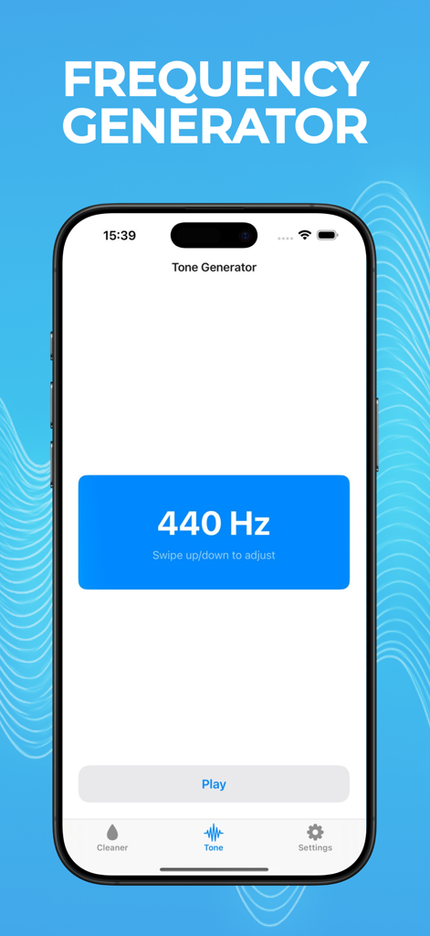 Frequency generator interface in the Water Eject app displaying 440 Hz
