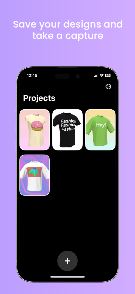 T-Shirt Design - 3D Mockup - A mobile app interface showing a collection of saved 3D t-shirt mockup projects.