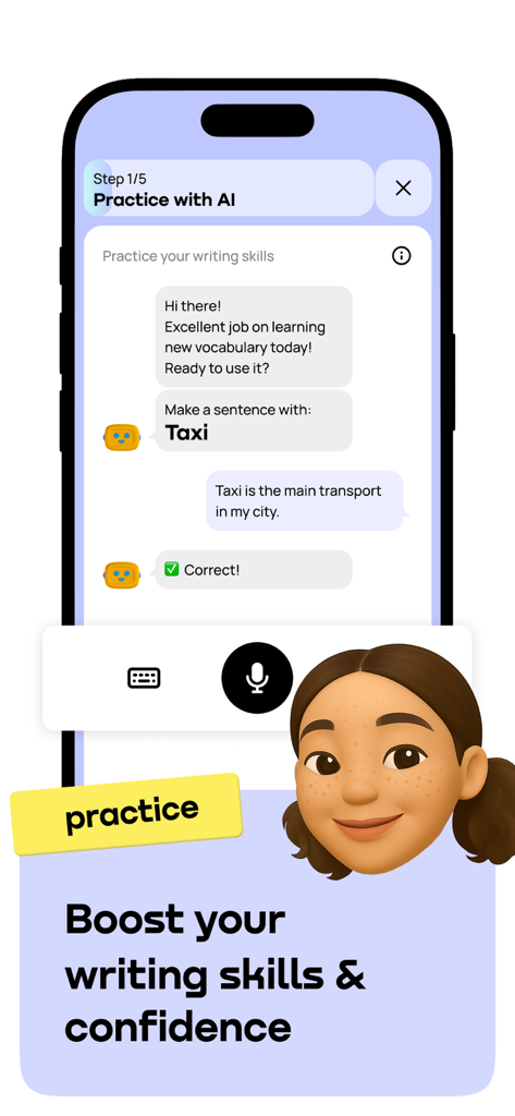 Promova: Language Learning App - Promova 앱 스크린샷, 언어 연습 및 작문 기술을 위한 AI 채팅 인터페이스 표시