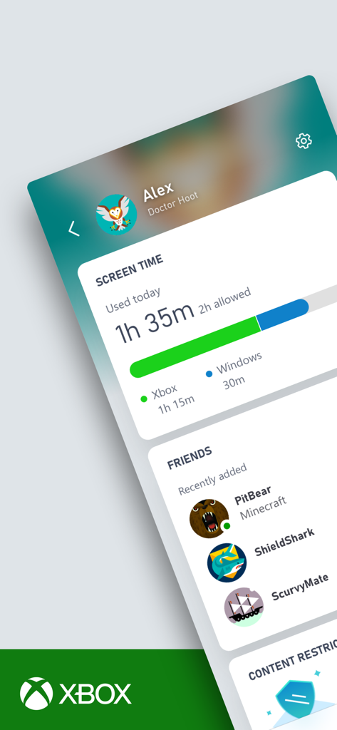 Xbox Family Settings app showing screen time limits and friends list