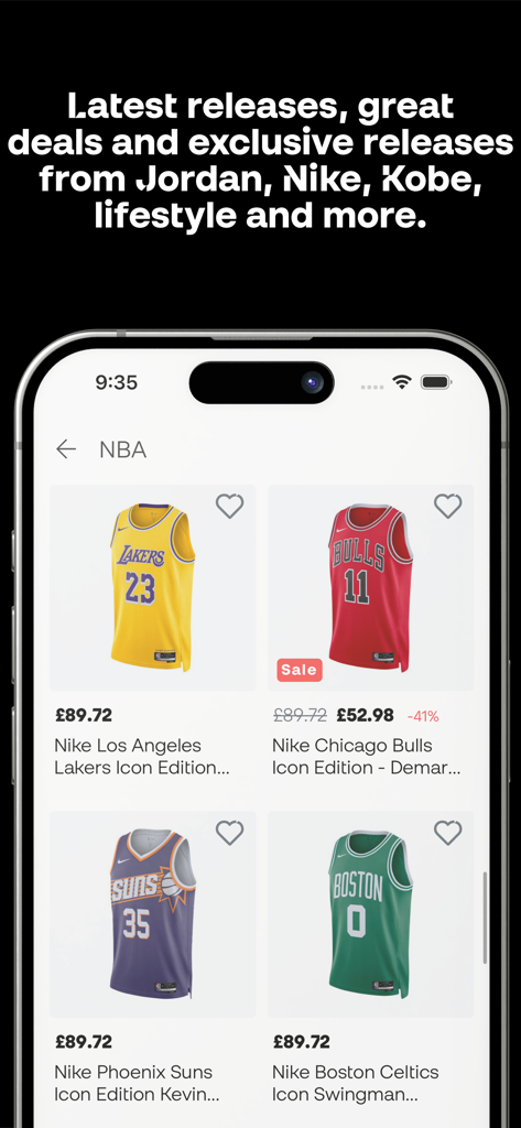 Basketball Emotion - レイカーズやブルズなどのチームのNBAジャージのセレクション、価格、セールラベルを表示するモバイルアプリ画面。