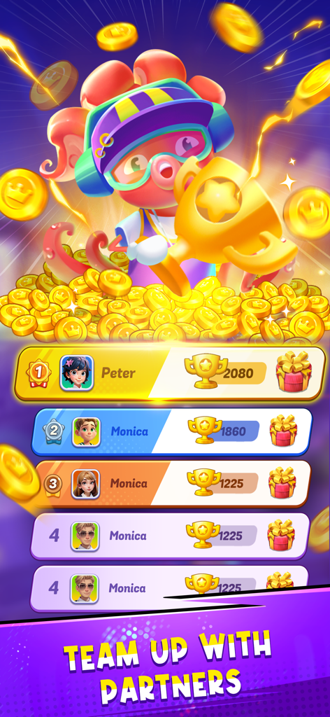 Super Match - PvP Match 3 - Placar no Super Match mostrando as classificações dos jogadores com troféus e baús de recompensa