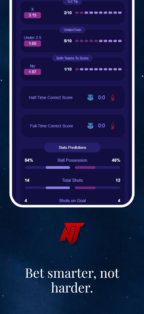 NerdyTips - AI Betting Picks - NerdyTips app interface showing AI soccer betting picks and match statistics