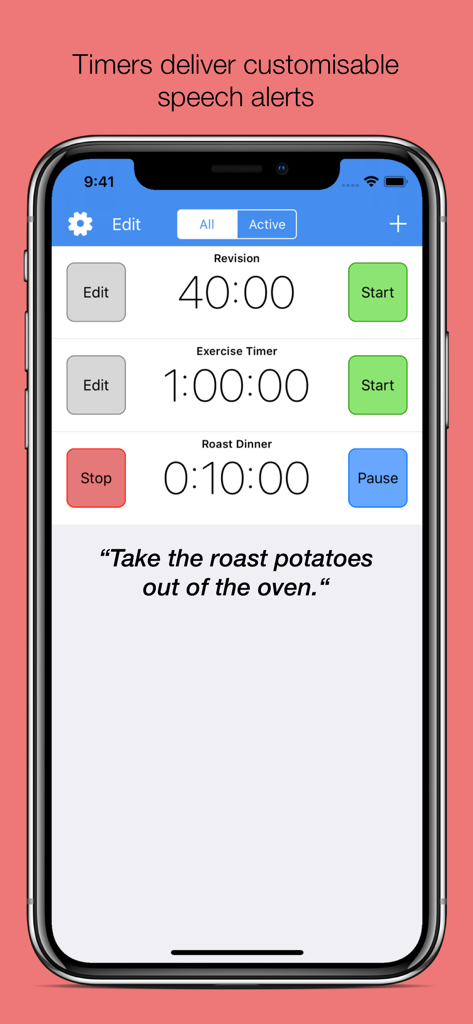 SpeakTimer - Voice Alert Timer - Screenshot of SpeakTimer app showing multiple custom timers for revision exercise and cooking with a voice alert notification