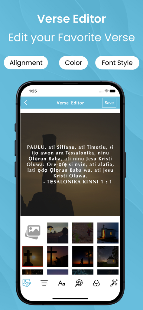 Smartphone screen showing the Verse Editor feature of the Yoruba Bible app with a Bible verse in Yoruba over a background image of a cross.