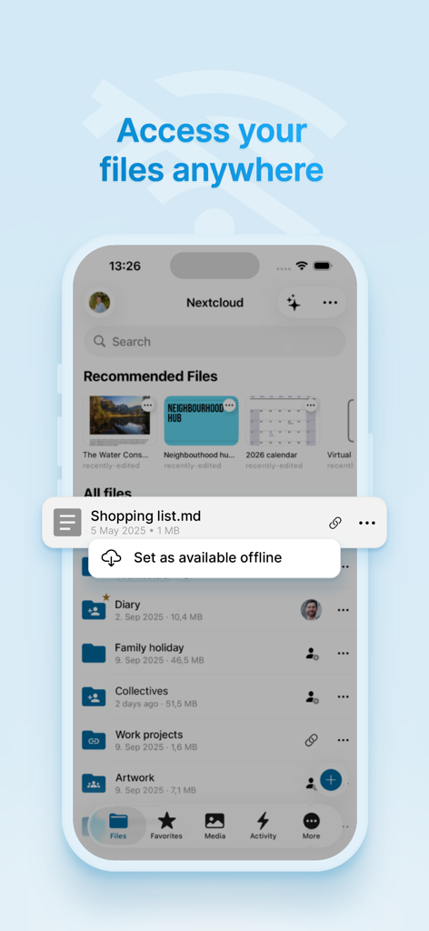 Nextcloud app screenshot showing the files list and set as available offline feature