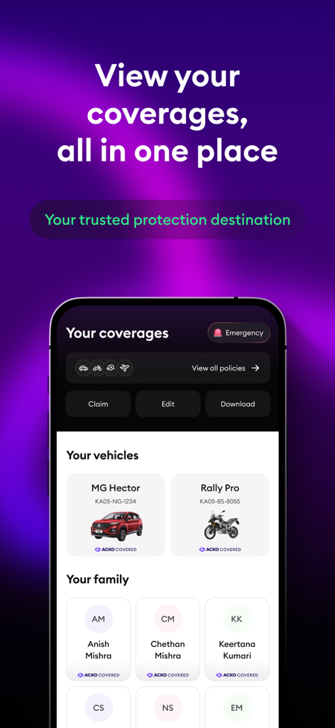 ACKO Insurance app dashboard showing vehicle and family coverage details.