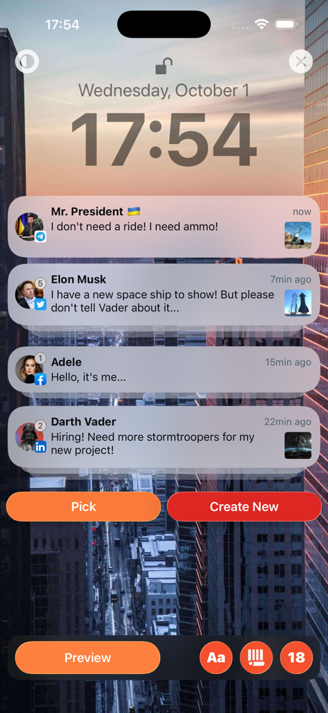 Faker - Fake Notifications - Preview of fake notifications from celebrities on an iPhone lock screen