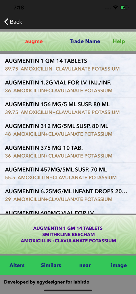 Drug eye index - Search results for Augmentin showing different dosages prices and chemical components