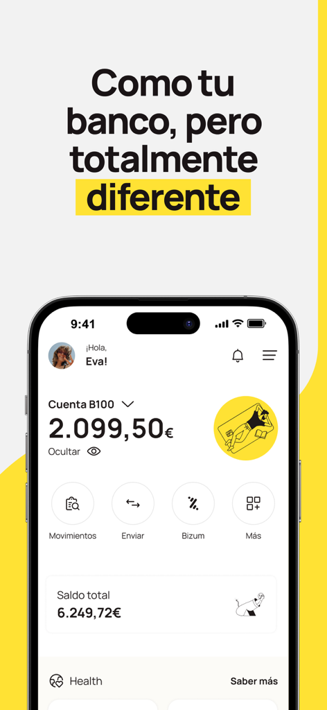 B100 - The Healthy Banking - Panel de la aplicación bancaria móvil B100 que muestra saldos de cuenta y funciones de salud financiera para usuarios conscientes