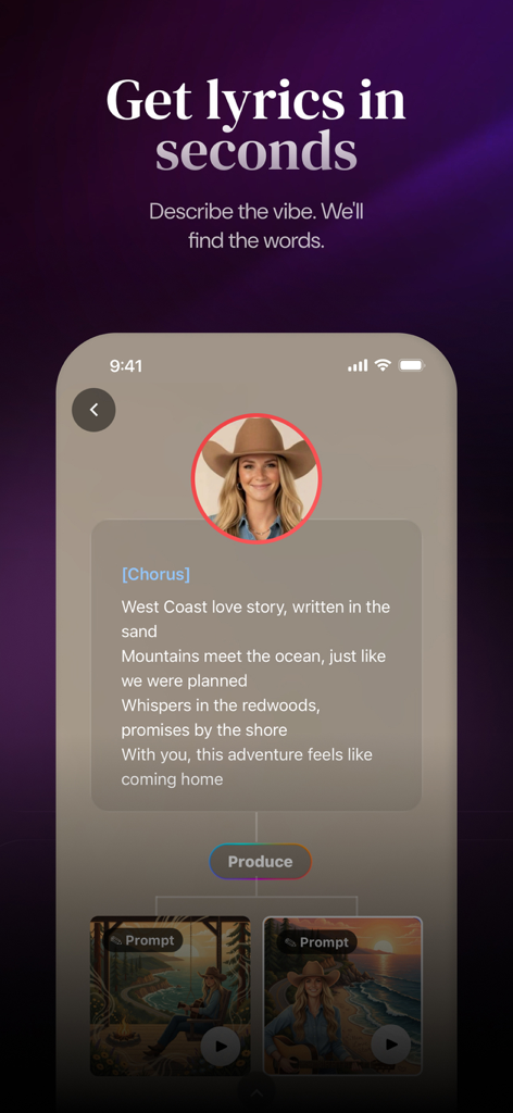 Napster - AI Music & Experts - Screenshot of the Napster app interface showing AI-generated song lyrics for a West Coast love story next to an AI music expert avatar.