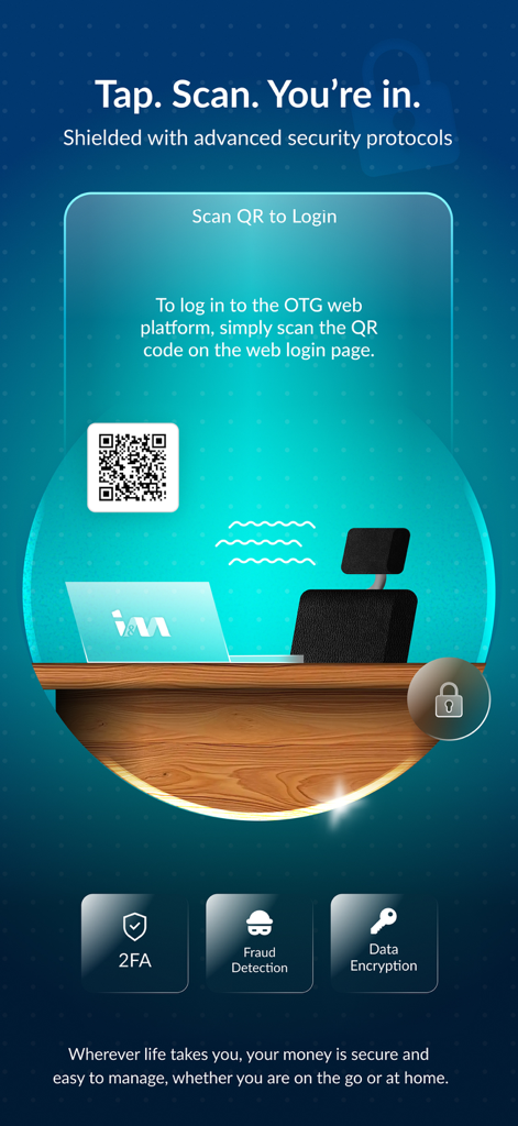 I&M OTG Personal KE - Ein Sicherheitsinformationsbildschirm für die I&M OTG App mit QR-Code-Login, 2FA, Betrugserkennung und Datenverschlüsselung.