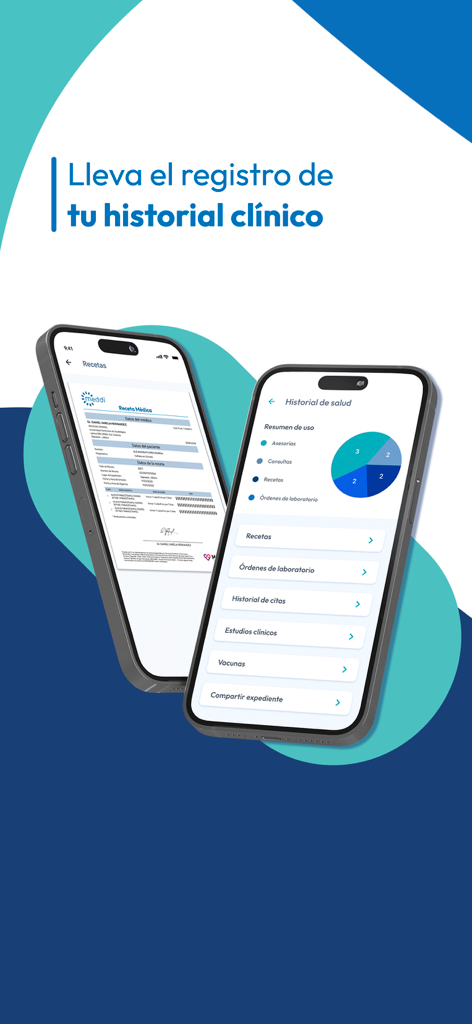 Meddi - Meddi app interface showing clinical history records, digital prescriptions, and health usage summary on mobile devices