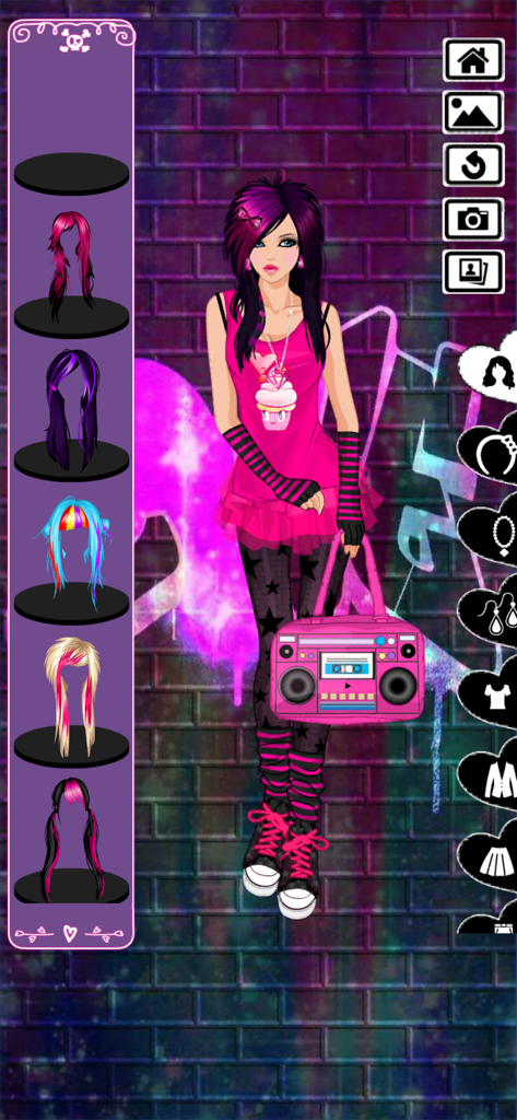 An emo girl character wearing a pink cupcake dress and striped arm warmers in a fashion mobile game