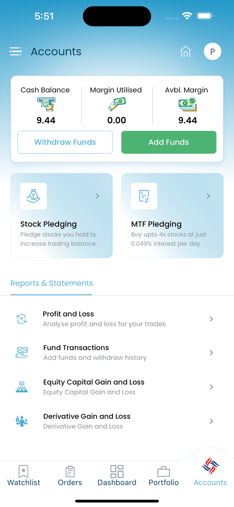 Chola Securities - Dashboard degli account dell'app Chola Securities che mostra il saldo di cassa, lo stato del margine e i collegamenti ai rendiconti finanziari.