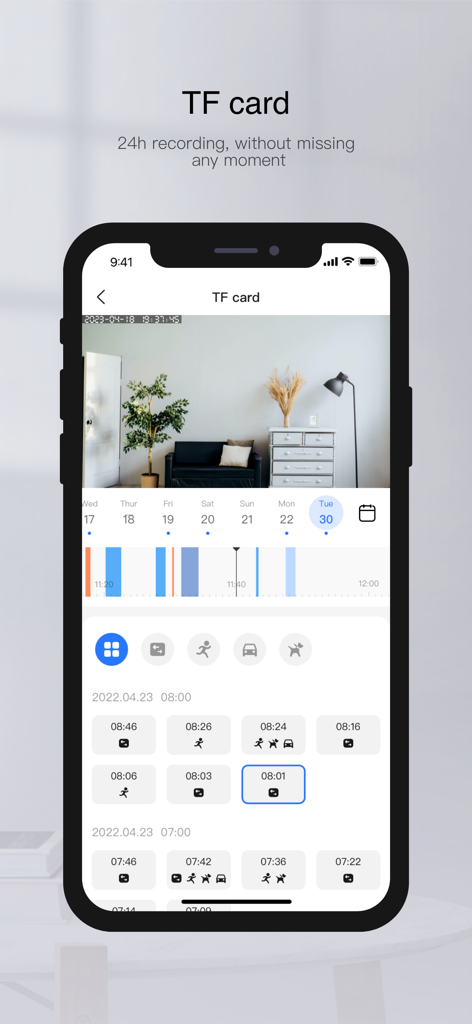 Interface de l'application mobile Yoosee affichant la lecture d'un enregistrement de 24 heures depuis une carte TF avec une chronologie des événements de détection de mouvement