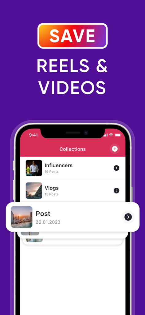 InMark: IG Reels Stories Posts - Una interfaz móvil de la aplicación InMark que muestra colecciones organizadas para reels y videos de Instagram guardados