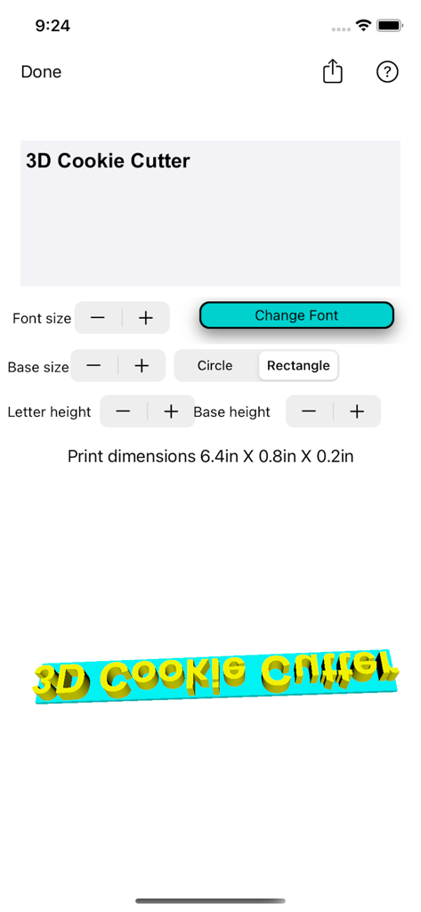 3D Cookie Cutter - Interface of the 3D Cookie Cutter app showing tools to design and preview a custom 3D printable text stamp.