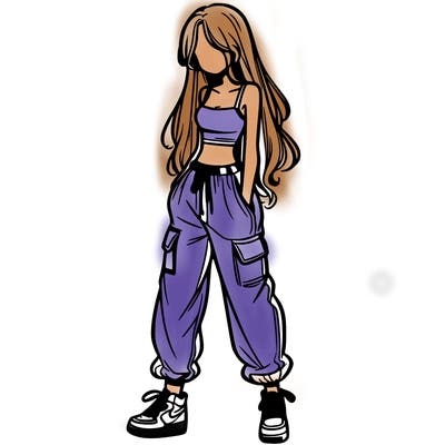 girl in baggy pants crop top and long hair