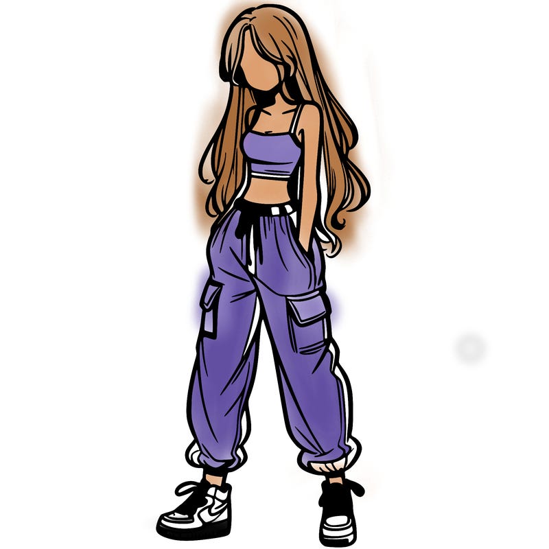 girl in baggy pants crop top and long hair