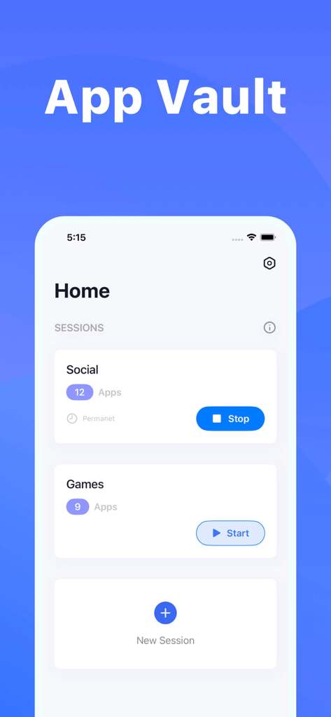 aLock - App Lock - aLock App-Oberfläche, die aktive und inaktive Bildschirmzeit-Sitzungen für soziale und Spiele-Kategorien zeigt