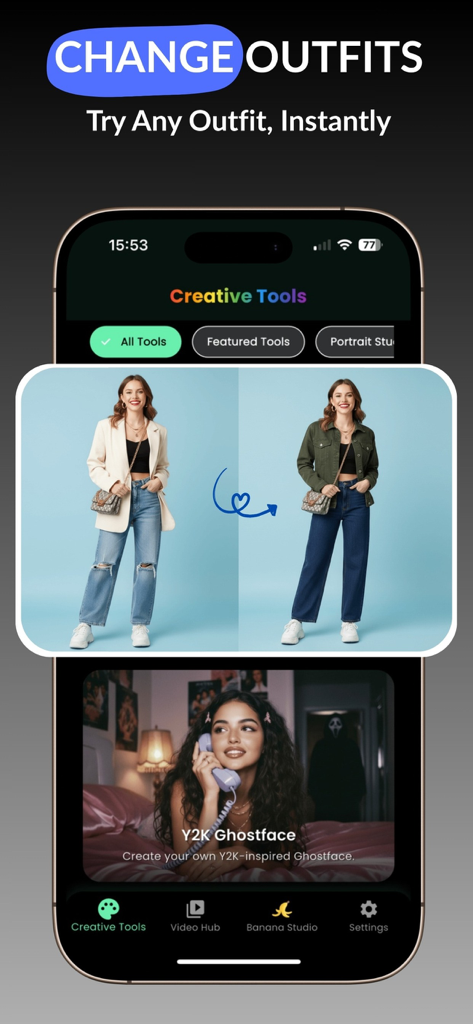 Banana Studio: AI Photo Edit - Interfaz de la aplicación móvil que muestra una función de cambio de vestuario virtual utilizando IA para transformar la ropa de una mujer en una foto