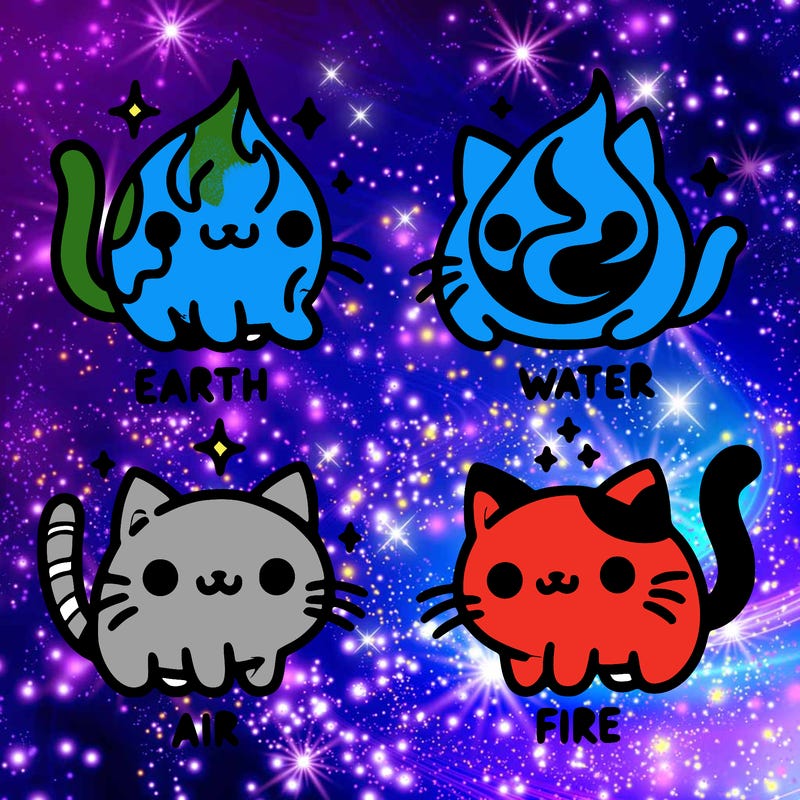 4 cats that represent the different elements, earth, water, air, and fire