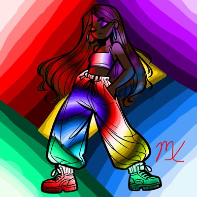 girl in baggy pants crop top and long hair