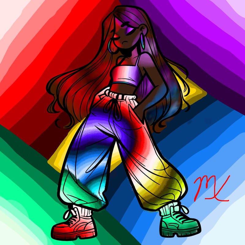 girl in baggy pants crop top and long hair