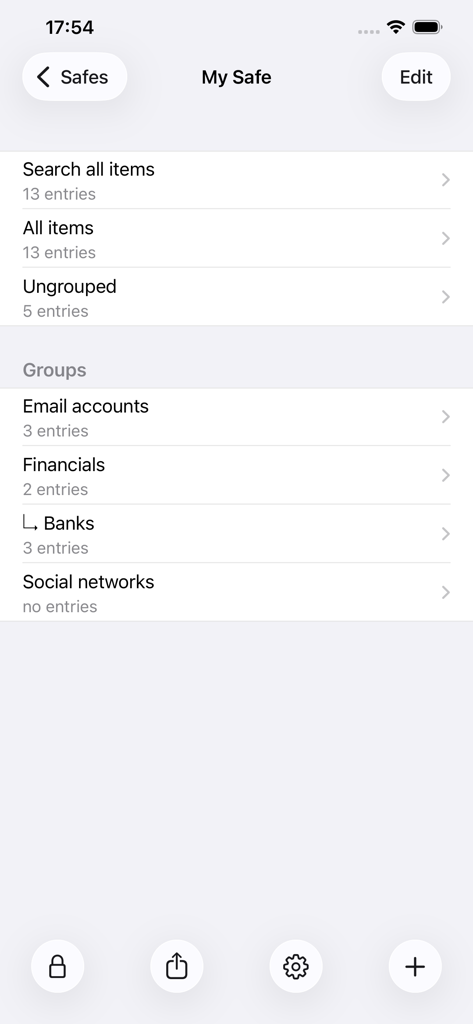 pwSafe 2 password manager interface with organized categories
