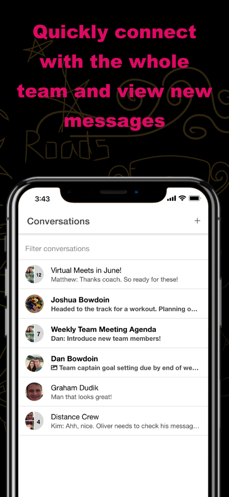 Athletic.APP messaging interface showing a list of team conversations and group chat notifications