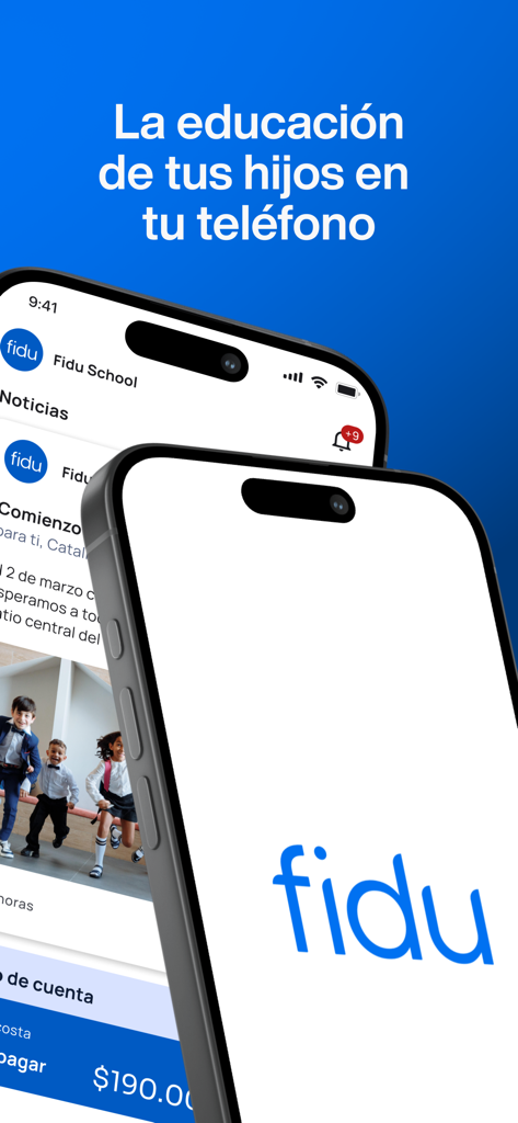 fidu - Dos teléfonos móviles mostrando la interfaz y el logo de la aplicación de gestión escolar fidu