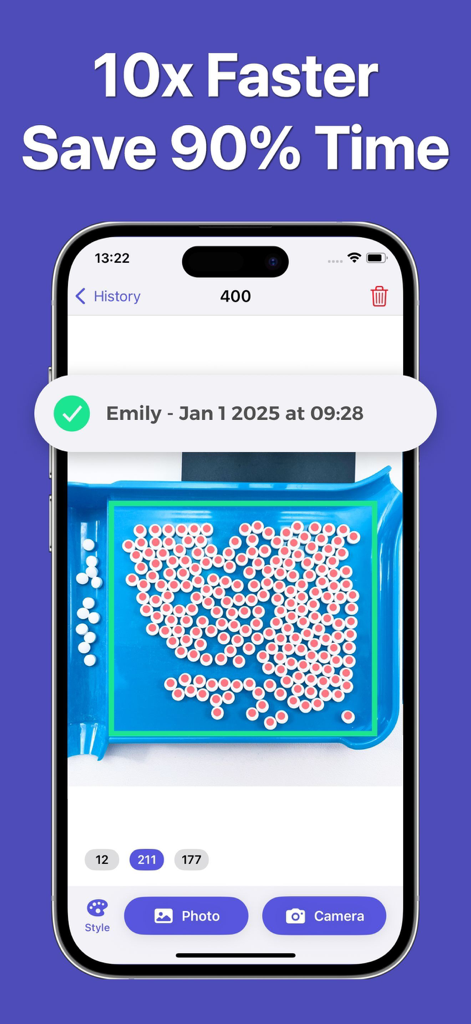 Pill Counter app interface showing 400 tablets being counted on a blue pharmacy tray with a headline about saving 90 percent of time.