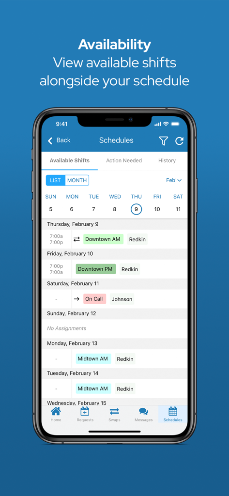 Mobile screen of the QGenda app showing available work shifts and scheduling options for healthcare professionals.