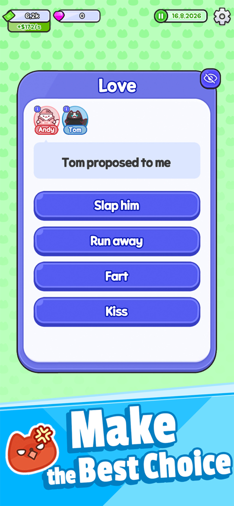 Cat's Life : Cute Simulation - Una captura de pantalla del juego móvil Cat's Life Cute Simulation que muestra opciones de elección divertidas para la propuesta de matrimonio de un gato.