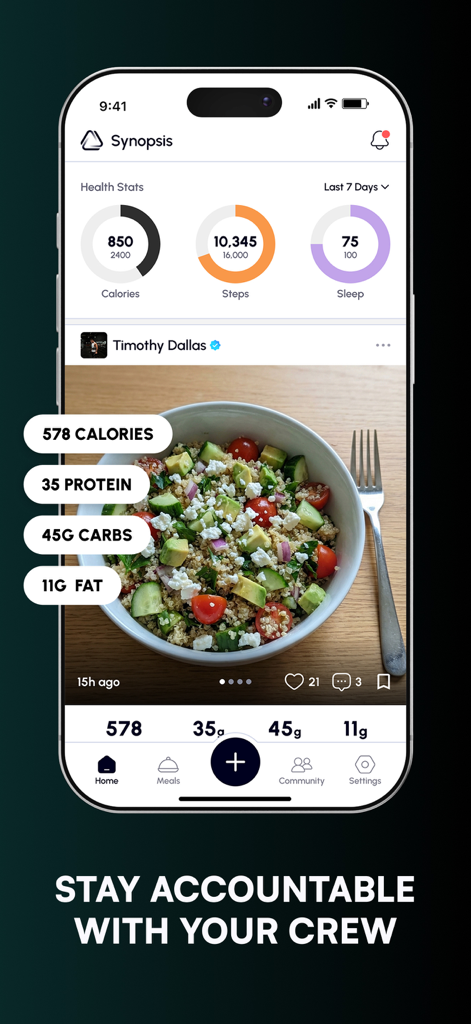 Synopsis: AI Calorie Tracker - A screenshot of the Synopsis app showing health statistics and a social meal post with AI nutrition analysis