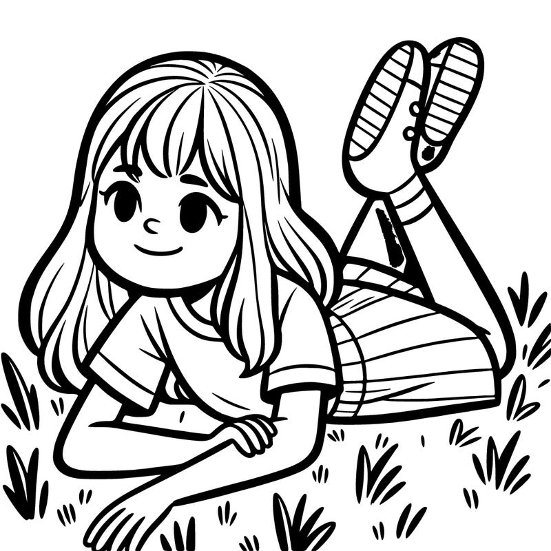 at a girl laying in the grass, her hair is mid length, she has a t shirt on and a basic skirt, her feet are out of frame