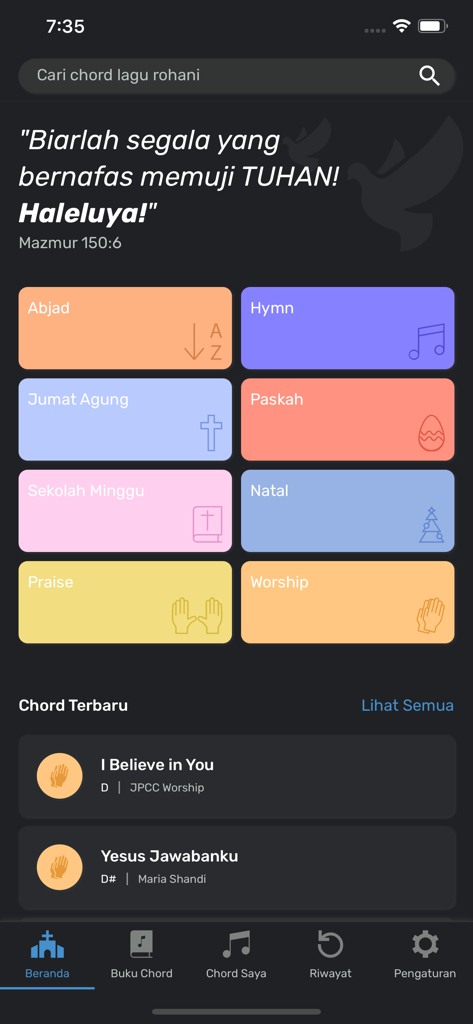 JRChord - JRChord app home screen showing Indonesian Christian song categories and latest worship chords