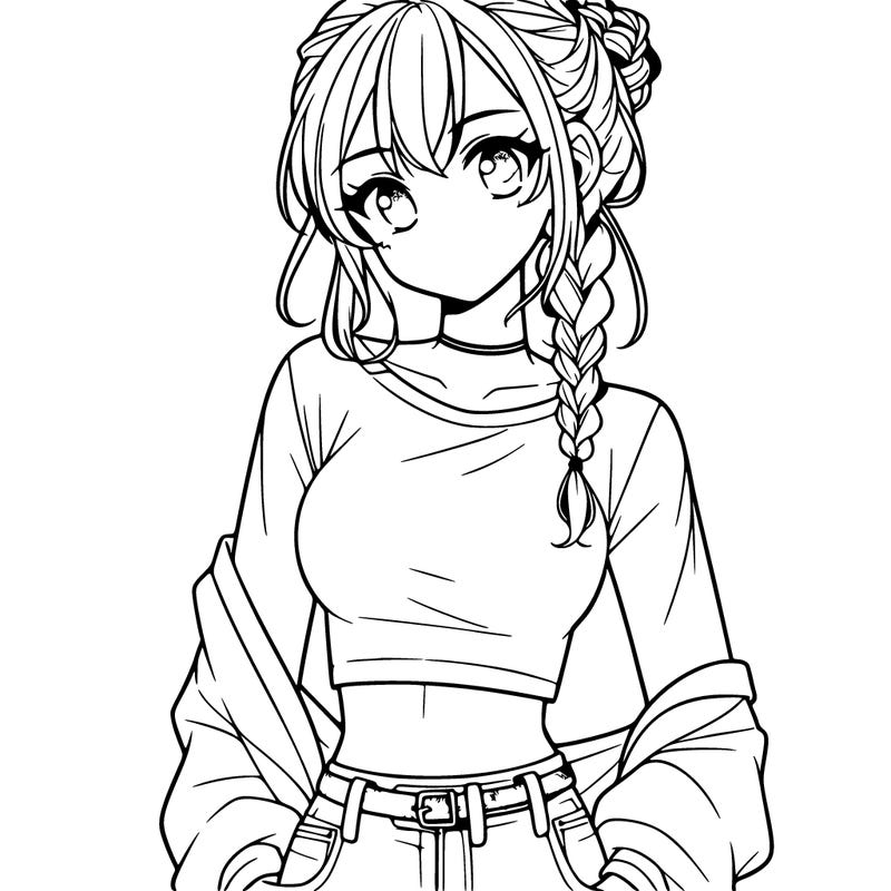 manga girl with a braided bun and long hair wearing a crop top and jeans