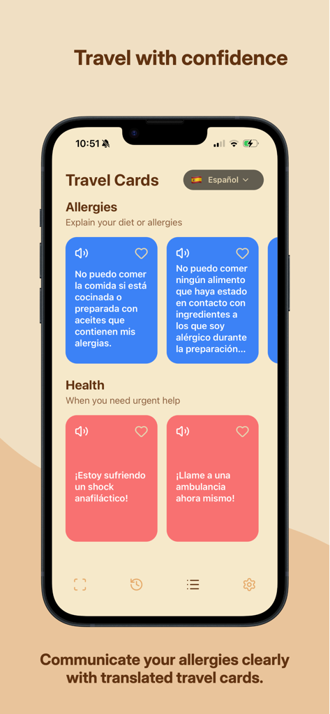 Alergio food allergy app showing translated travel cards for safe dining abroad