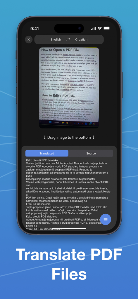 Snap Translator - Photo & AI - Snap Translatorアプリのインターフェースに、iPhone上で英語からクロアチア語に翻訳されているPDFドキュメントが表示されている