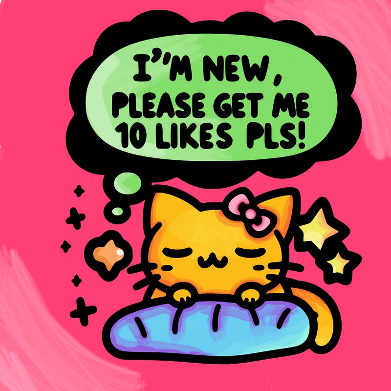 kitty taking a nap dream talking and saying "i'm new, please get me at least 10 likes pls!!"