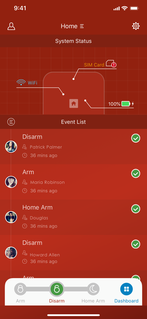 S6evo app dashboard showing system status and home alarm event list