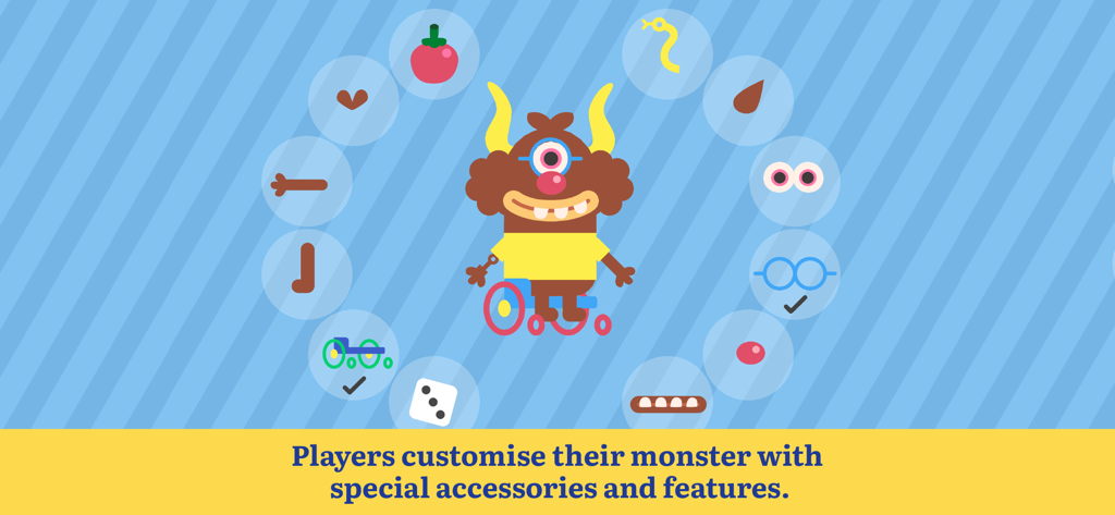 Teach Your Monster Eating - Screen showing a monster character being customized with various accessories and facial features.