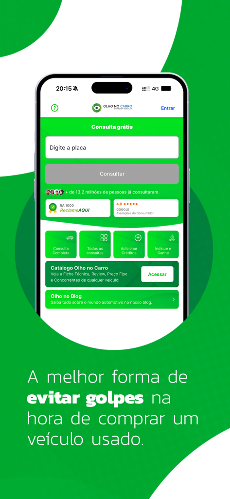 Smartphone screen showing the Olho no Carro app main interface with a license plate search field